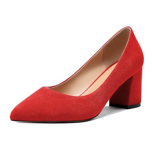 Zamikoo Spitze Zehe für Frauen Klotzige Absätze 6.5cm Slip On Elegante Schuhe Wildleder Rot EU 41 von Zamikoo