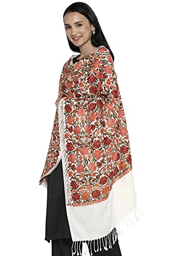 Damen-Schal, bestickt, groß, aus Kunstpashmina-Wolle, indischer Kaschmir, Übergröße, Winterschal, Stola, Weiß, von Zamour