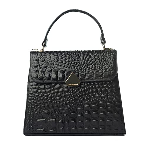 Zamponi - Elegante Handtasche Damen Krokodil Krokodil - Schultertasche Leder Viele Taschen Fächer - Tote Shopper Tasche Große Arbeit Satchel Aktentasche Oben Griff (Schwarz) von Zamponi