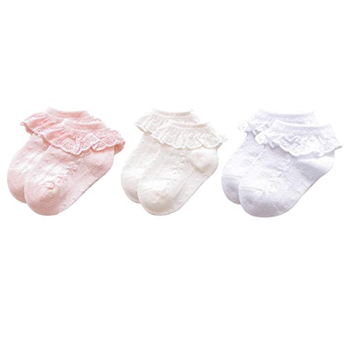 Zando Baumwolle Baby Rüschen Socken 1-2 Jahre, Söckchen Mit Rüschen, 3 Paar Socken Baby Mädchen, 3 Paar, Weiß Beige Pink, 1-3 Jahre von Zando
