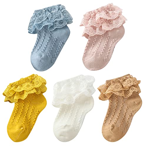 Zando Socken Kinder Baby, Kinder Knöchel Tutu Socken, Frilly Spitze Kleid Söckchen, Baby Mädchen Söckchen Mit Rüschen 2025, 5 Paar, Braun Weiß Gelb Blau u. Hellpink, 1-3 Jahre von Zando