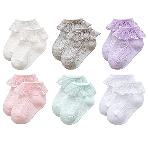 Zando Baby Mädchen Socken Baumwolle Baby Socken Elastisch Söckchen mit Rüschen Spitze Atmungsaktiv 6 Paar Mischfarben 6-12 Monate (Tag Size S) von Zando