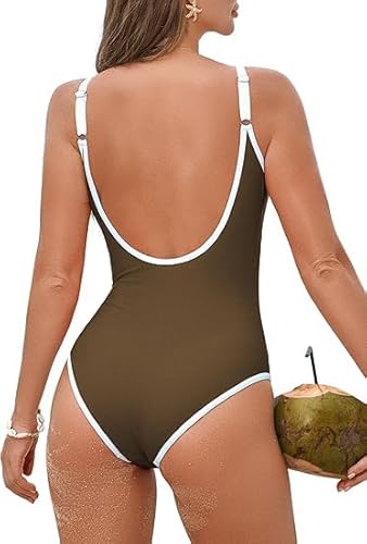 Zando Badeanzug Damen Bauchweg Badeanzüge für ‌Frau Shape Badeanzug Damen Sport Schwimmanzug ‌Mädchen Bademode Frauen Braun-Weiß L von Zando