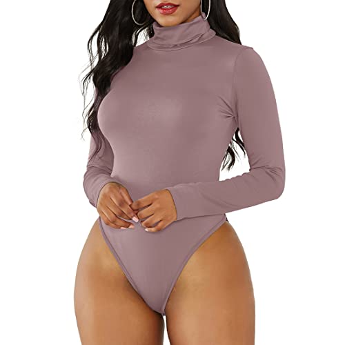 Zando Damen Body Sexy Body Damen Elegant Langarmbody mit Rollkragen Damenbody Stringbody Bodysuit Top Rosa-violett M von Zando