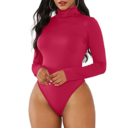 Zando Damen Body Sexy Body Damen Elegant Langarmbody mit Rollkragen Damenbody Stringbody Bodysuit Top Rot M von Zando