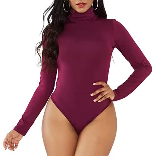 Zando Damen Body Sexy Body Damen Elegant Langarmbody mit Rollkragen Damenbody Stringbody Bodysuit Top Tiefrot XL von Zando