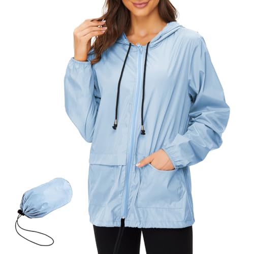 Zando Damen RegenJacke Outdoor Regenmantel Kurzmantel Leicht Jacke Windbreaker mit Kapuze Outdoorjacke Winddicht Windjacke Blau 3XL von Zando