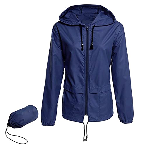 Zando Damen RegenJacke Outdoor Regenmantel Kurzmantel Leicht Jacke Windbreaker mit Kapuze Outdoorjacke Winddicht Windjacke Dunkelblau 3XL von Zando