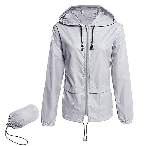 Zando Damen RegenJacke Outdoor Regenmantel Kurzmantel Leicht Jacke Windbreaker mit Kapuze Outdoorjacke Winddicht Windjacke Grau M von Zando