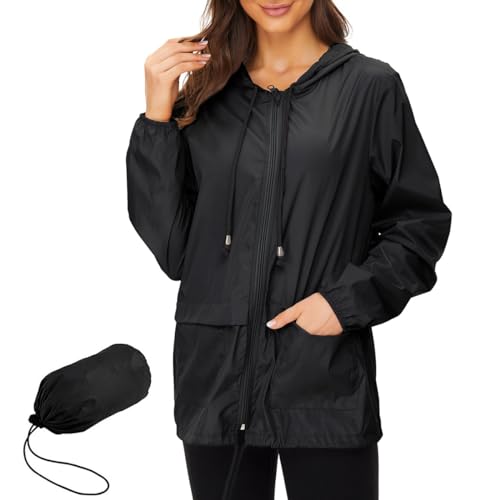 Zando Damen RegenJacke Outdoor Regenmantel Kurzmantel Leicht Jacke Windbreaker mit Kapuze Outdoorjacke Winddicht Windjacke Schwarz L von Zando