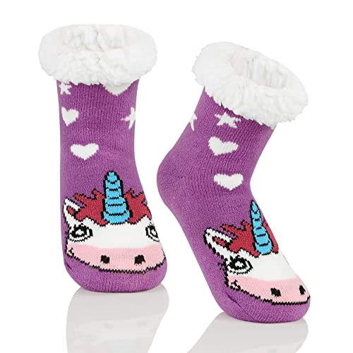 Zando Flauschige Lustig Kuschelsocken Kinder Haussocken Kinder Antirutsch Thermosocken für Mädchen und Jungen Lila-Einhorn 6-8 Jahre von Zando