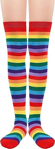 Zando Gestreift Kniestrümpfe Damen Overknees Strümpfe Sportsocken Thigh High Warm Lange Socken für Mädchen Rot Regenbogen von Zando