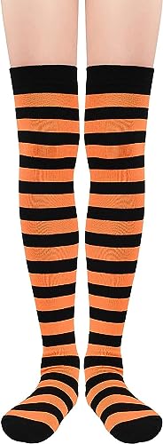 Zando Gestreift Kniestrümpfe Damen Overknees Strümpfe Sportsocken Thigh High Warm Lange Socken für Mädchen Schwarz Orange Streifen von Zando