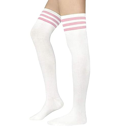 Zando Gestreift Kniestrümpfe Damen Overknees Strümpfe Sportsocken Thigh High Warm Lange Socken für Mädchen Weiß Pink von Zando