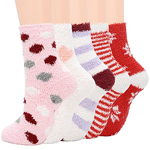 Zando Kuschelsocken Damen Flauschige Socken Stoppersocken Wollsocken Warm Wintersocken Weihnachtssocken 5 Paare C Einheitsgröße von Zando