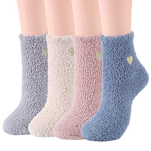 Zando Lustige Kuschelsocken Damen,Winter Flauschige Weiche Thermosocken,Dicke Stoppersocken Haussocken 4 Paare herzförmig von Zando