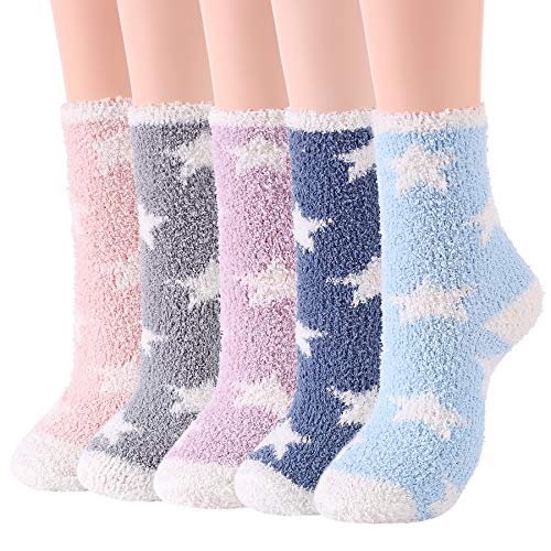 Zando Lustige Kuschelsocken Damen,Winter Flauschige Weiche Thermosocken,Dicke Stoppersocken Haussocken 5 Paare Sternform von Zando