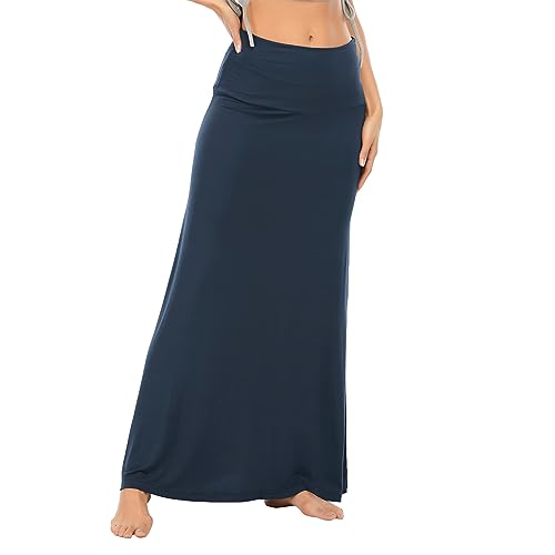 Zando Maxirock Damen Lang Weiche Rock Dehnbarer Taille Trachtenrock Damen Boho Rock Strandrock Navy L von Zando