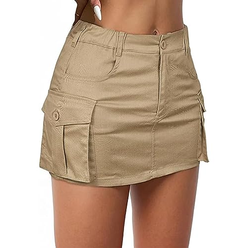 Zando Niedrige Taille Jeansrock Damen Rock mit Taschen Hosenrock Damen Sommer Minirock mit Knöpfen Khaki L von Zando