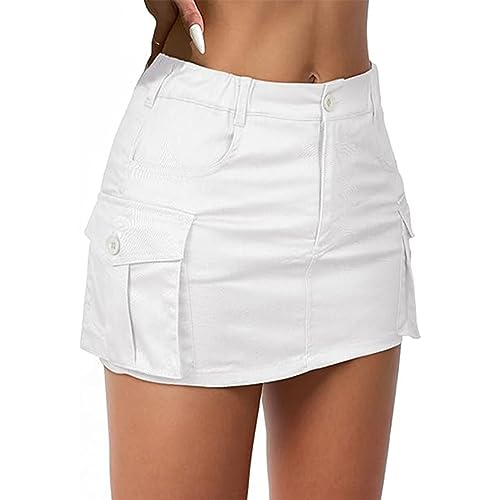 Zando Niedrige Taille Jeansrock Damen Rock mit Taschen Hosenrock Damen Sommer Minirock mit Knöpfen Weiß S von Zando