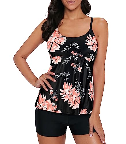 Tankini Damen Große Größen, Zweiteilige Badeanzug Damen Sport, Oberteil Mit Shorts Tankinis Für Frauen 2025, Badeanzug 2 teiler Frauen für Strandausflüge Poolpartys, Rosa mit Blumen, 3XL von Zando