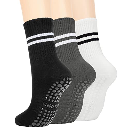 Zando Sneaker Socken Herren und Damen Baumwolle Anti-Rutsch Grip Socken Fussball mit Drei Streifen Yoga Tennissocke 3 Paar Schwarz Weiß Dunkelgrau von Zando