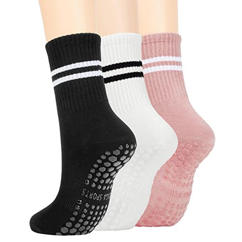 Zando Sneaker Socken Herren und Damen Baumwolle Anti-Rutsch Grip Socken Fussball mit Drei Streifen Yoga Tennissocke 3 Paar Schwarz Weiß Pink von Zando