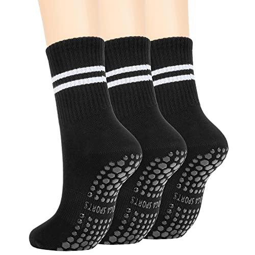 Zando Sneaker Socken Herren und Damen Baumwolle Anti-Rutsch Grip Socken Fussball mit Drei Streifen Yoga Tennissocke 3 Paar Schwarz von Zando
