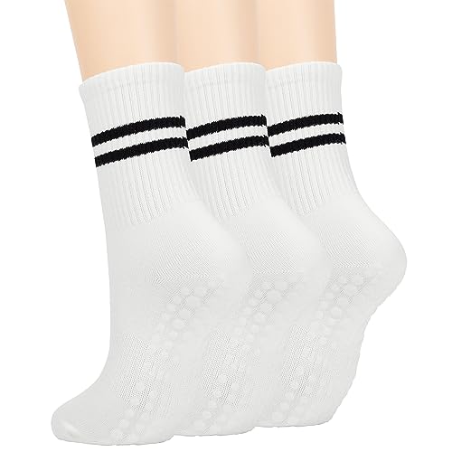 Zando Sneaker Socken Herren und Damen Baumwolle Anti-Rutsch Grip Socken Fussball mit Drei Streifen Yoga Tennissocke 3 Paar Weiß von Zando