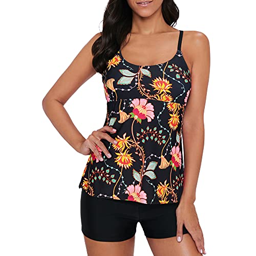 Tankini Damen Große Größen, Zweiteilige Badeanzug Damen Sport, Oberteil Mit Shorts Tankinis Für Frauen 2025, Badeanzug 2 teiler Frauen für Strandausflüge Poolpartys, Geheimer Garten, L von Zando