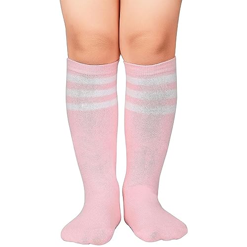 Zando Unisex Fußball Socken Kinder Sportsocken Tennissocken Baumwolle Kniestrümpfe für Jungen und Mädchen 3-6 Jahre Pink Weißer Streifen von Zando