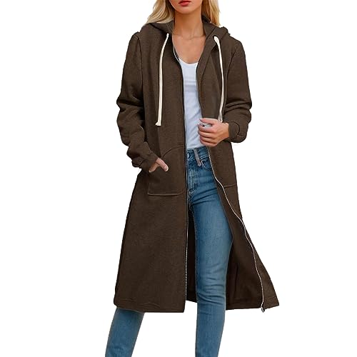 Damen Hoodie Mit Kapuze, Sweatjacke Damen Mit Kapuze Lang Zipper Hoodie Oversize Langarm Übergangsjacke Casual Elegant Kapuzenjacke Sweatshirt Jacke, Kaffee XL von Zannycn