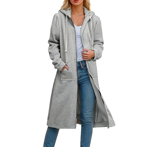 Damen Sweatjacke, Sweatjacke Damen Mit Kapuze Lang Zipper Hoodie Oversize Langarm Übergangsjacke Casual Elegant Kapuzenjacke Sweatshirt Jacke, Grau 3XL von Zannycn