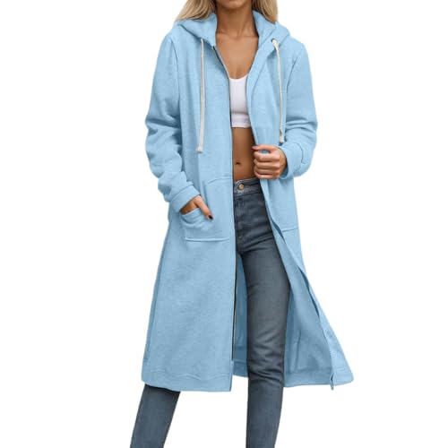 Jacken Damen, Sweatjacke Damen Mit Kapuze Lang Zipper Hoodie Oversize Langarm Übergangsjacke Casual Elegant Kapuzenjacke Sweatshirt Jacke, Blau 3XL von Zannycn