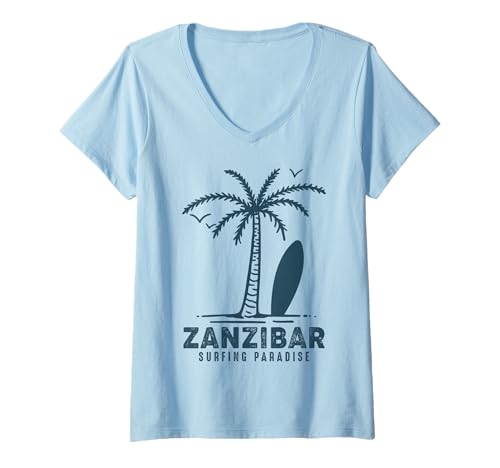 Damen Sansibar Tansania Palm Beach Paradies Souvenir Afrika T-Shirt mit V-Ausschnitt Damen Sansibar Tansania Palm Beach Paradies Souvenir Afrika T-Shirt mit V-Ausschnitt von Zanzibar Souvenir Tanzania Sea Surfing Palm Beach