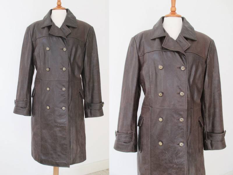 Brauner 90S Vintage Ledermantel // Thermo Futter Frauen Dickes Leder Größe M von Zappasvintage