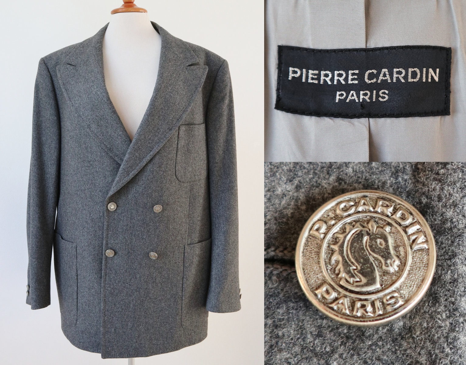 Graue Pierre Cardin Paris Jacke Silber-Knöpfe // Reine Wolle Made in France von Zappasvintage