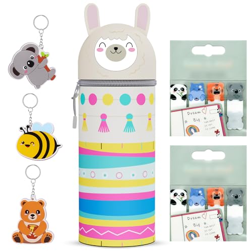 ZappelStift 2-in-1 Schulmäppchen weichem Silikon - 2 STK Keep in Mind Seitenmarker - 3 STK Tier Schlüsselanhänger, Tischstifthalter, Kawaii Tiermotive, für den Schulanfang, Kinder (Alpakas) von ZappelStift