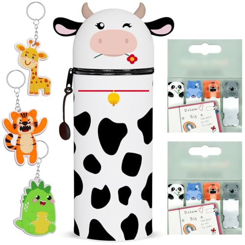 ZappelStift 2-in-1 Schulmäppchen weichem Silikon - 2 STK Keep in Mind Seitenmarker - 3 STK Tier Schlüsselanhänger, Tischstifthalter, Kawaii Tiermotive, für den Schulanfang, Kinder (Kühe) von ZappelStift