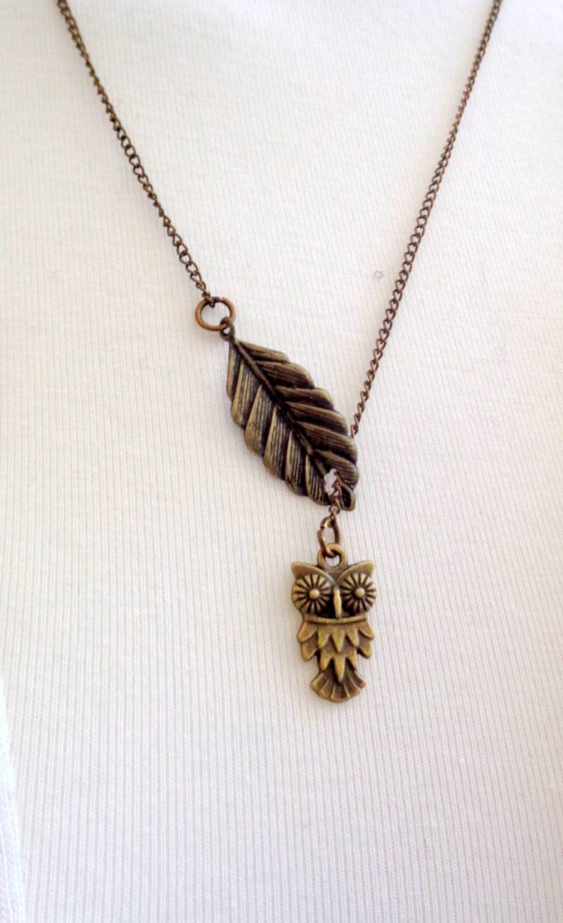 Antikmessing Eule Halskette Blatt Lariat Anhänger von ZareenDesigns