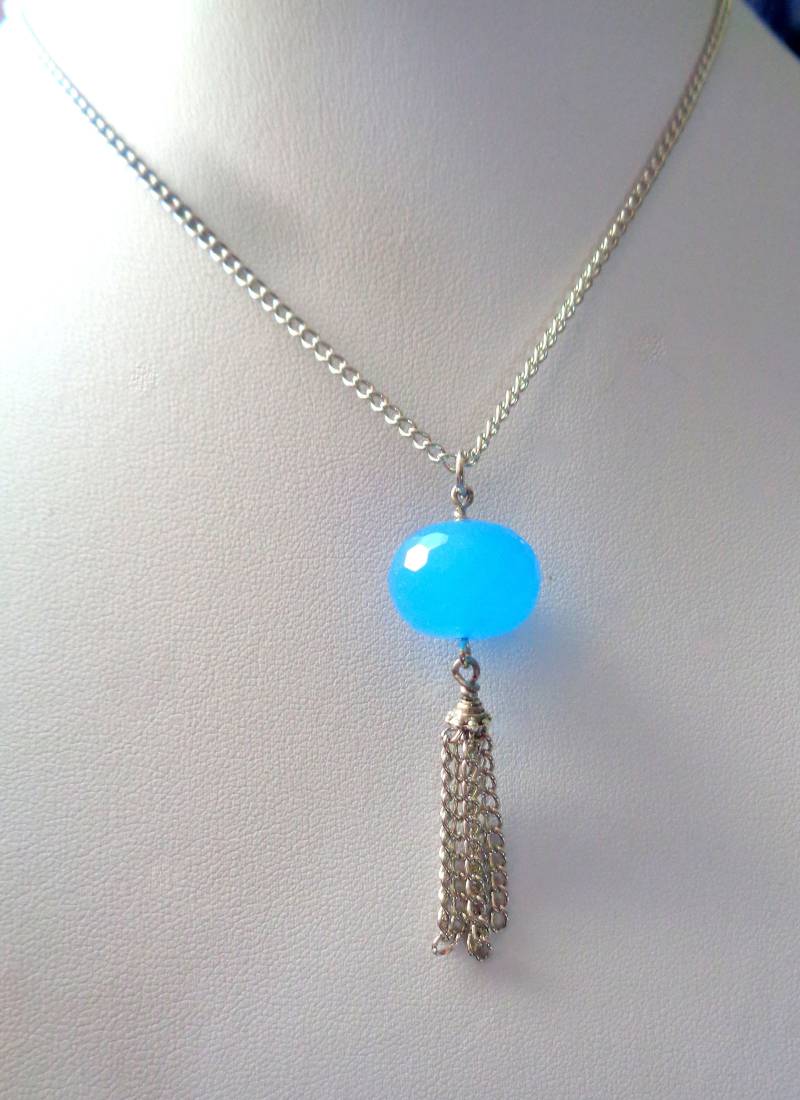 Blauer Chalcedon Anhänger Halskette Silber Quastenkette von ZareenDesigns