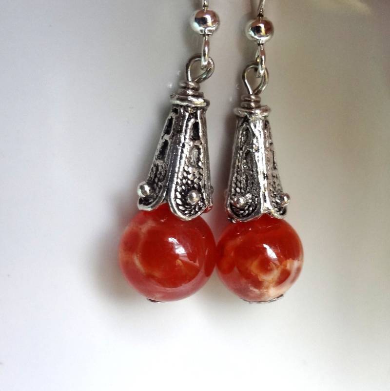 Orange Achat Ohrringe Antik Silber Perlkappen von ZareenDesigns