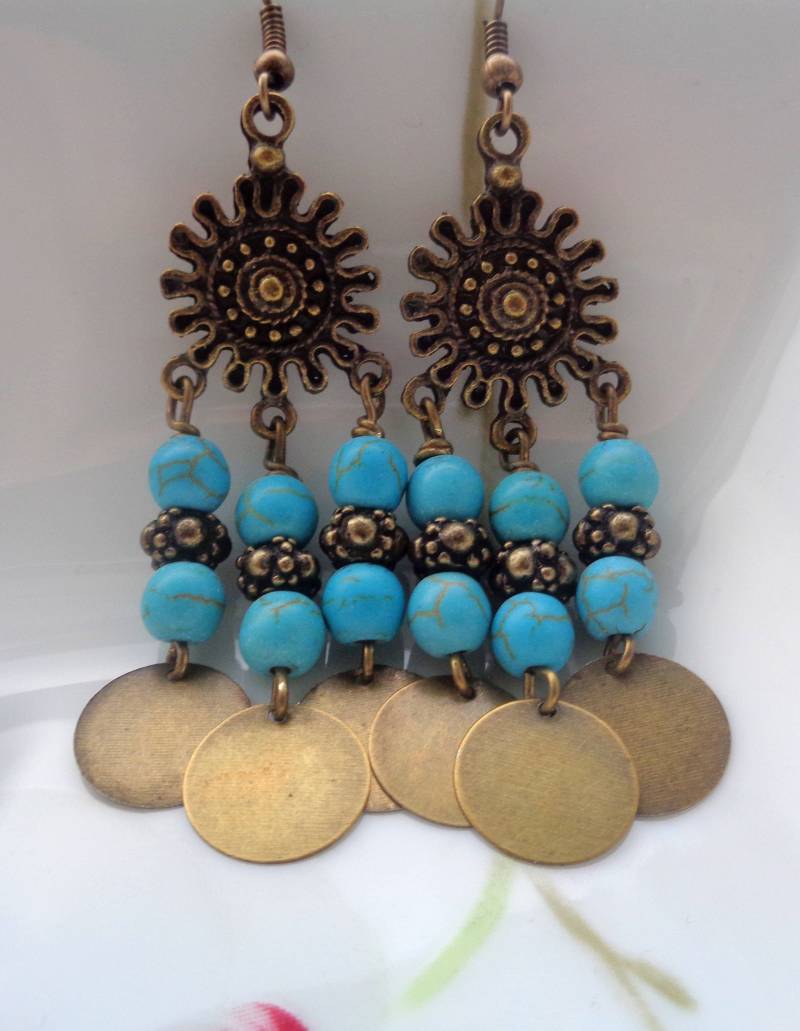 Türkis Chandelier Ohrringe Bronze Boho Ohrringe von ZareenDesigns