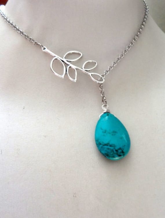 Türkis Lariat Halskette Antiker Silberner Zweig, Boho Brautanhänger von ZareenDesigns