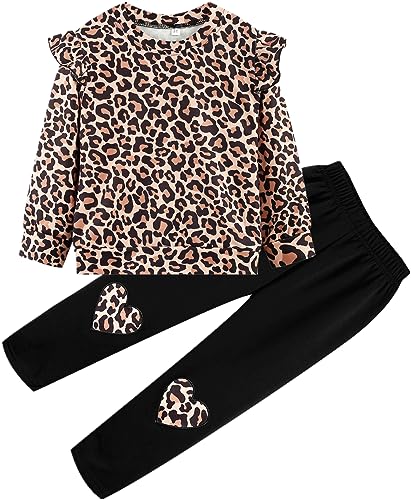 zarmfly 2-teiliges Set für kleine Mädchen, langärmeliges Sweatshirt + Leggings, Hose, Herbst-Winter-Kleidungs-Set, 2–10 Jahre, Leopard/Braun, 6-7 Jahre von Zarmfly