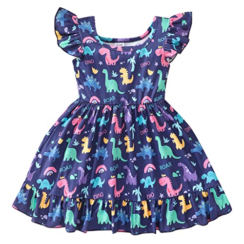 zarmfly Kleinkind-Mädchenkleid, Flatterärmel, Sommerkleidung, Schul-Outfit, Mädchen, lässig, schwingendes Rüschenkleid, 1–7 Jahre, B-Violett/Dino, 7 Jahre von Zarmfly