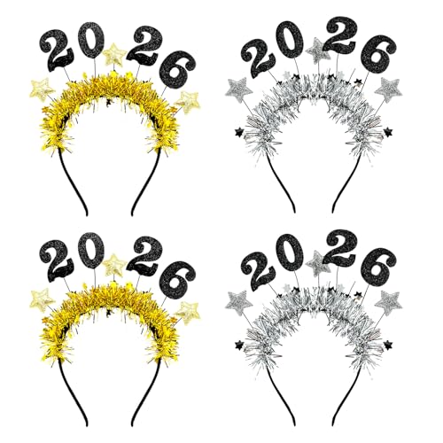 Zaruatu 4 Stück Happy New Year Stirnbänder für Frauen 2025 Silvester Haarbänder Partyzubehör Urlaub Kopfbedeckung Dekoration Geschenke (Gold + Silber) von Zaruatu