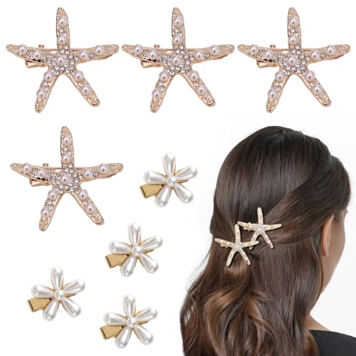 Zasvec Seestern Haarspangen 8 Stück Mädchen Blumenmädchen-Zubehör für Hochzeit Diamant Haarspange Seestern Haarnadeln Strand Haarschmuck Haarnadel Strass Haarschmuck und Perlen Haarschmuck von Zasvec