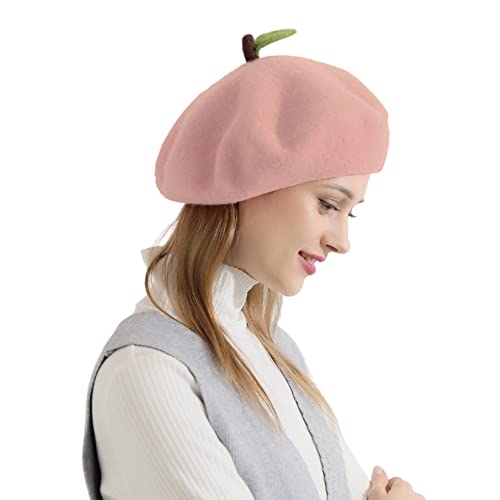 Zasy Handgefertigte Baskenmütze aus Wolle, französischer Stil, Nadelfilz, Blumenmütze, Damen, Winter, Herbst, Pfirsich, 7 1/8 / 7 3/8 von Zasy