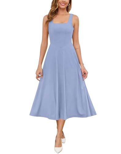 Zattcas Damen 2025 Frühling Sommer Quadratischer Ausschnitt ärmellos fließend Swing Midikleid Hochzeit Gäste Abschlussball Cocktail Party Kleid, Hell, blau, Mittel von Zattcas